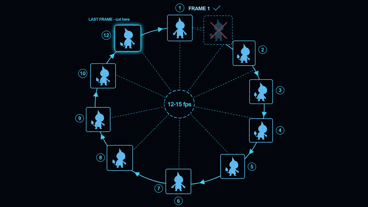 Dark technical diagram of an animation loop drawn as a clock face: twelve frame thumbnails of an original character ring the circle, frame 1 at the top is marked as the start pose, the frame just before it is highlighted as the last frame to keep, and an overlapping duplicate frame is crossed out in red.