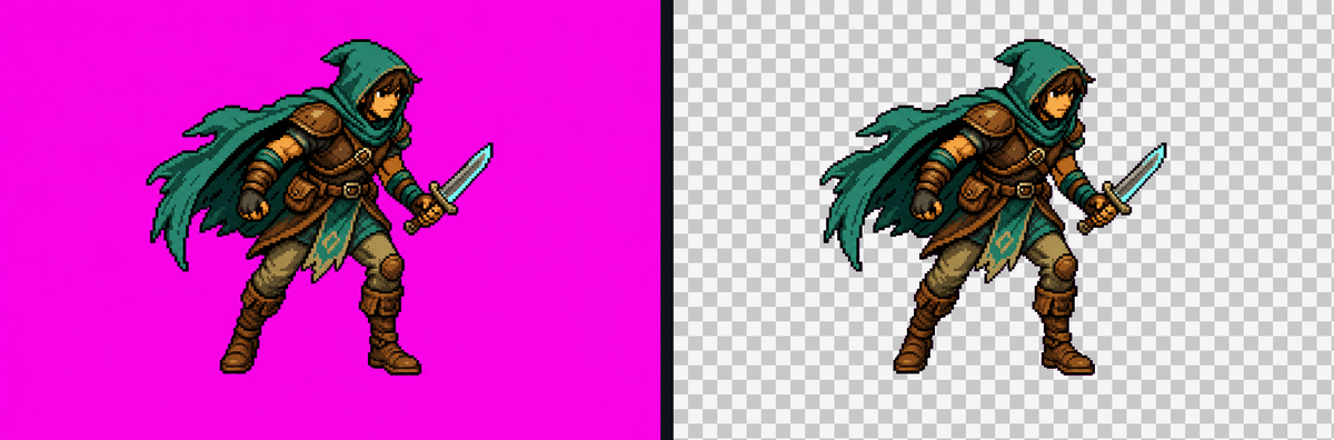 Before and after: a pixel-art character on flat magenta, then with the magenta background keyed out to clean transparency on a checkerboard