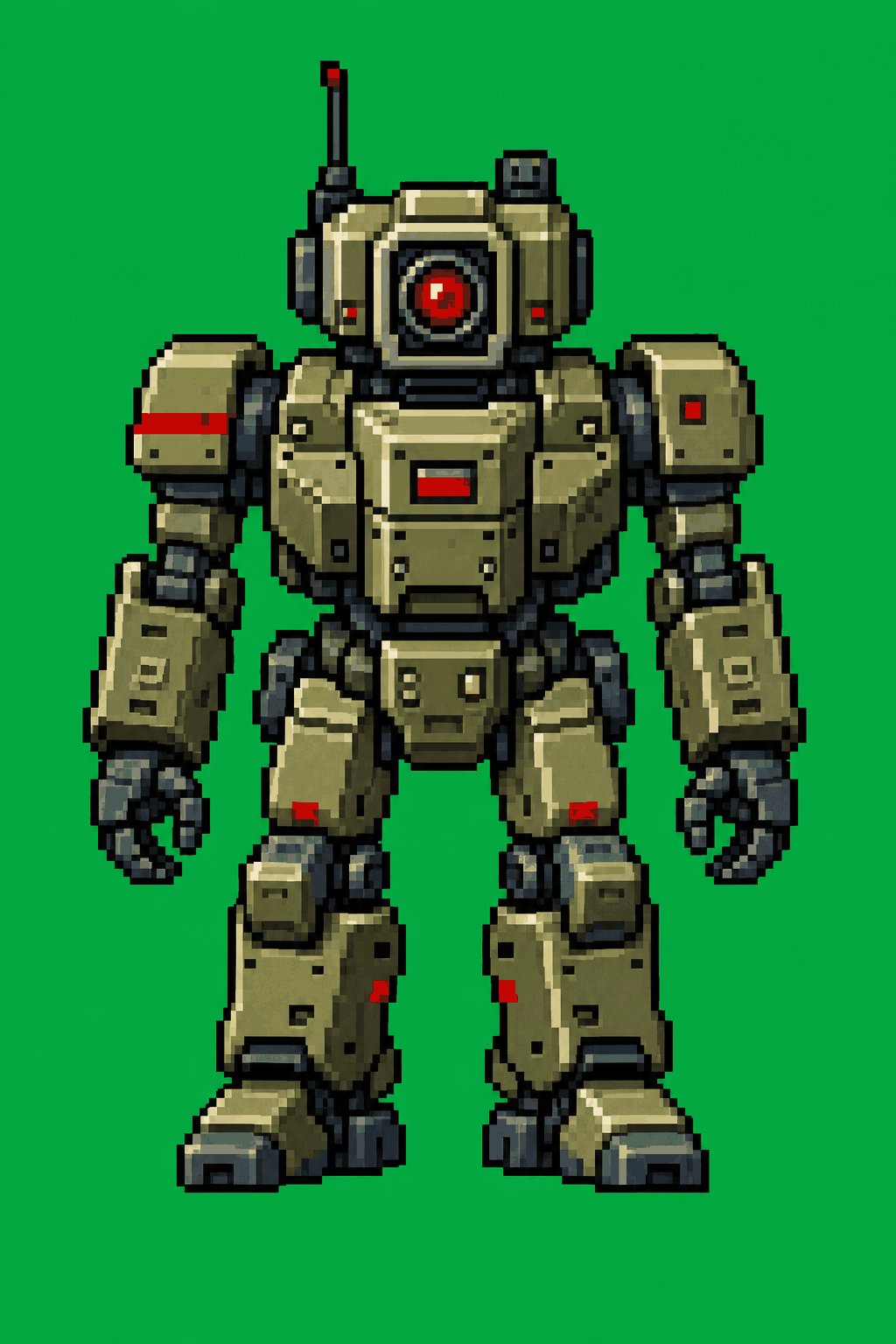 Pixel-art robot droid sprite standing on a flat solid green chroma-key background.