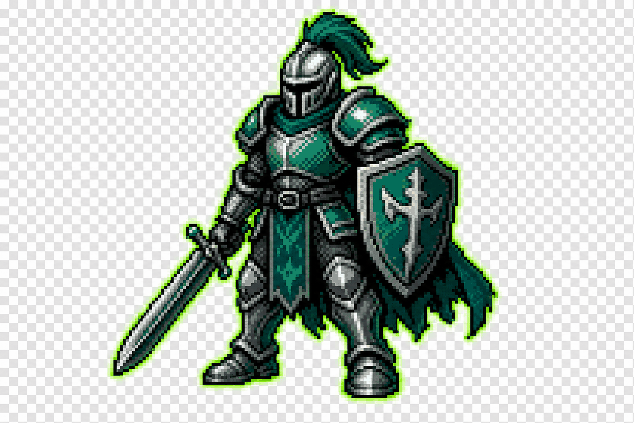 Pixel-art knight sprite showing a green spill fringe halo along its silhouette before despill.