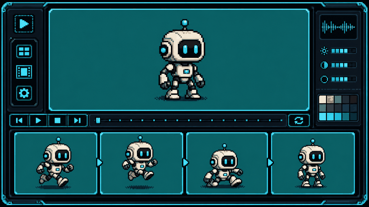 Pixel-art droid character on a flat teal background with a strip of four extracted motion-pose frames beneath it, framed in a dark cyan interface.