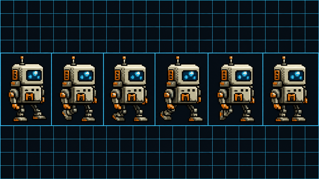 Pixel-art sprite sheet of an original droid walk cycle, each frame in an equal cell on a dark cyan grid.
