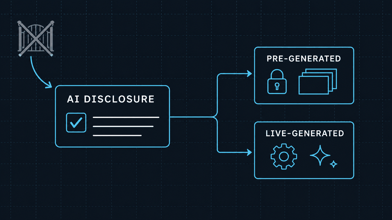 Dark technical diagram of an unbranded AI disclosure form with a checked box branching by cyan arrows into a pre-generated content box and a live-generated content box, with a grayed crossed-out gate icon in the corner.
