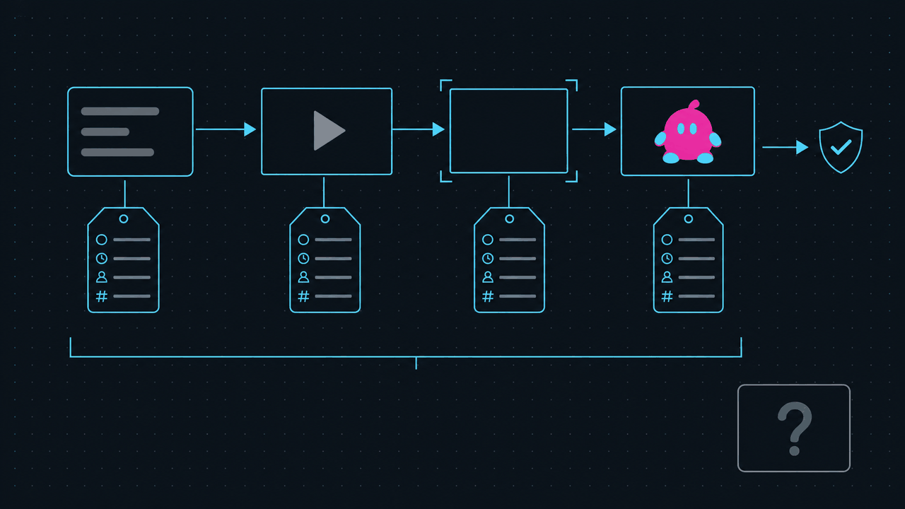 Dark technical diagram of an asset-provenance chain with four connected cards labeled prompt, video clip, extracted frame and final sprite, each hanging a small metadata tag, beside one detached card marked with a question mark.