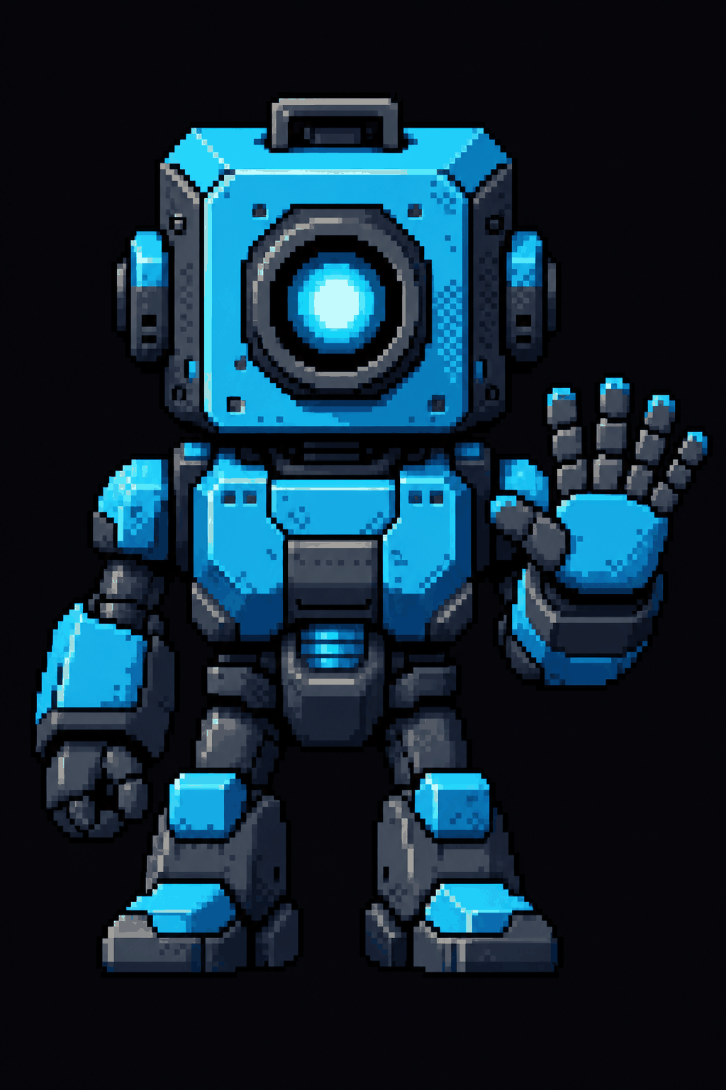 Pixel-art portrait of an original cyan-and-gray robot droid character with a glowing single eye and a hand that has six fingers, nodding to the AI generation tell.