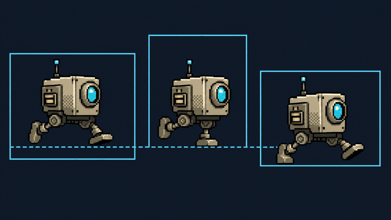 Three run frames of an original robot droid in cyan bounding boxes of different heights, feet stair-stepping off a dashed floor line.