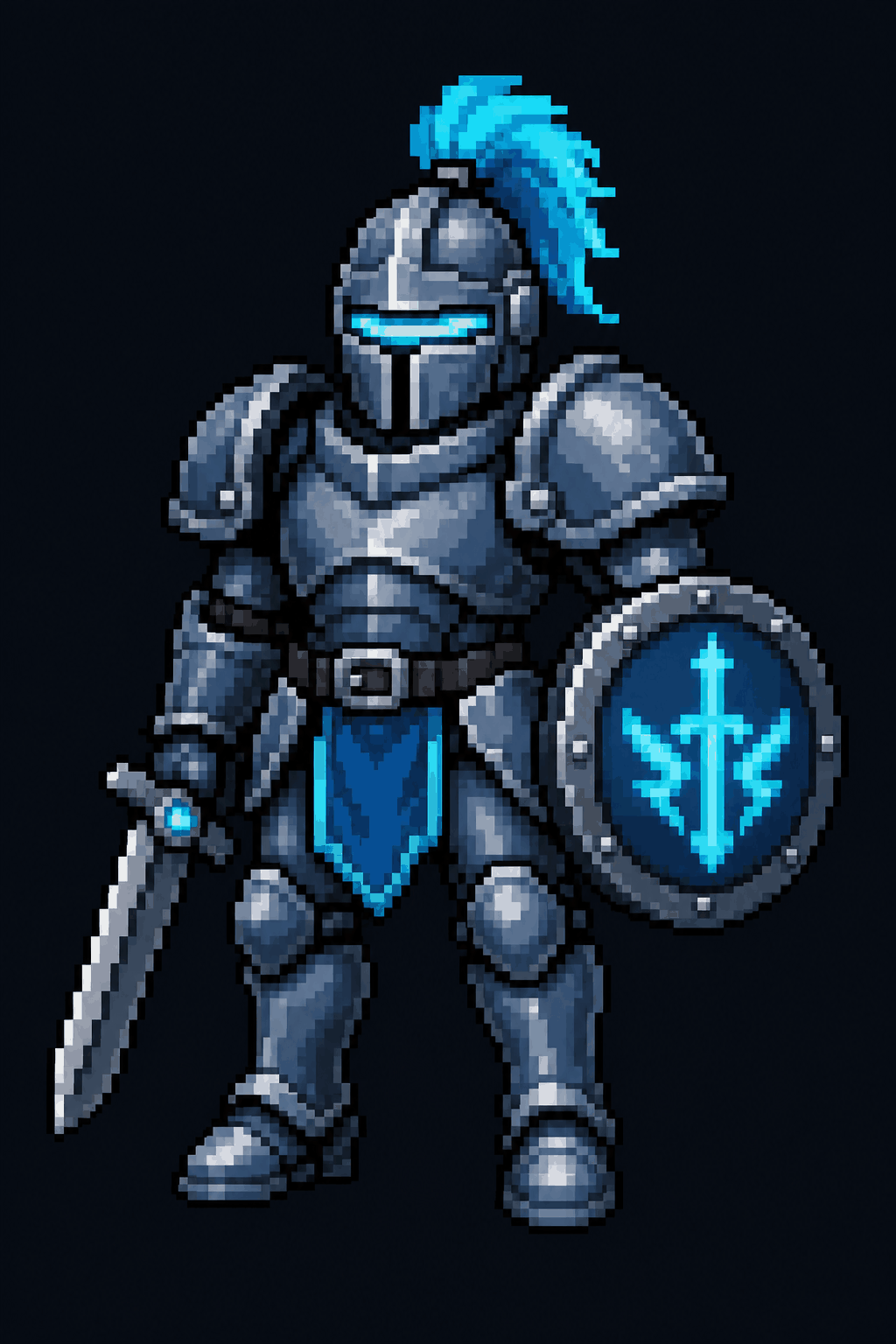 A clean pixel-art original robot knight sprite with hard edges and a glowing cyan visor.