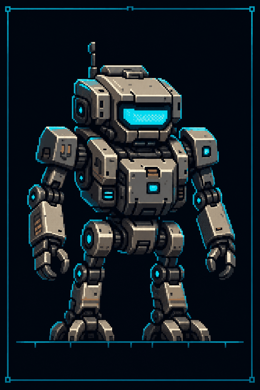 A single original mech-droid sprite centered on a square canvas with a cyan frame outline and a marked baseline.