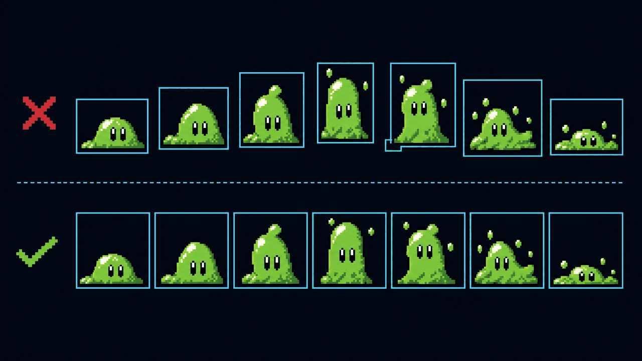Two rows of an original green slime: the top row ragged and misaligned, the bottom row uniform and bottom-aligned.