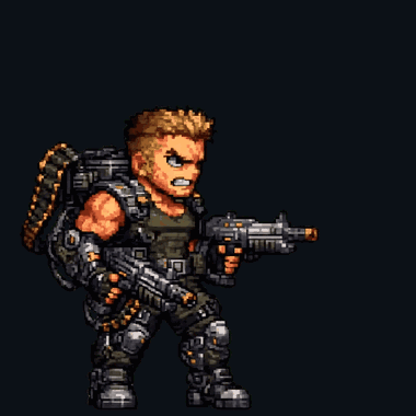 An original commando sprite's 8-frame attack animation playing back, the kind of clip you assemble in Unity after slicing the sheet