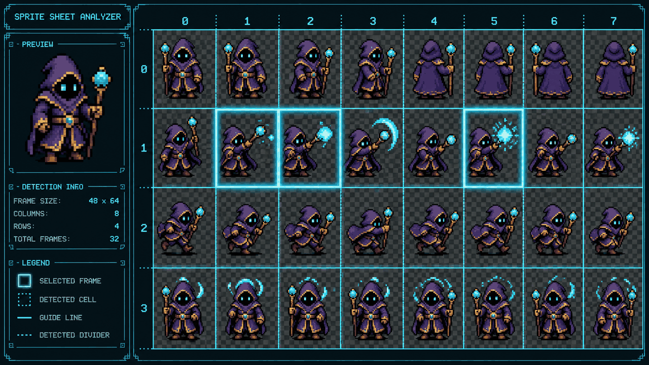 A diagram of a sprite-sheet analyzer detecting cells of an original hooded mage sprite with cyan guide lines.
