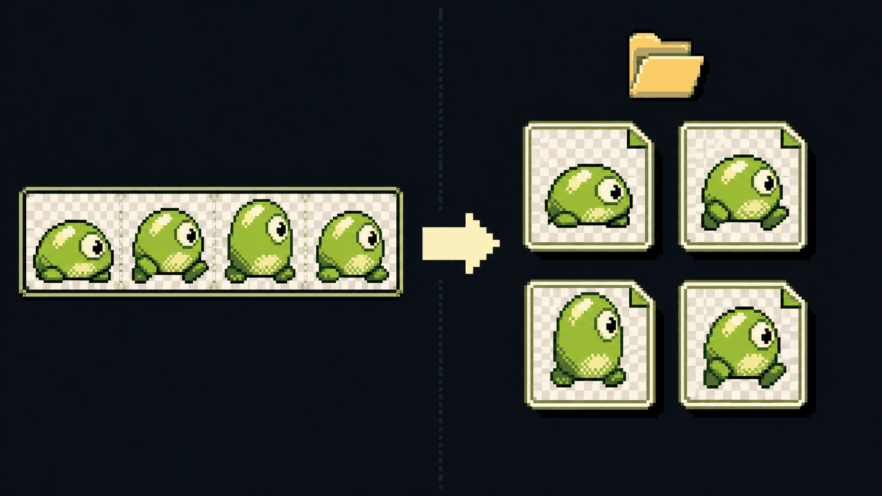 Pixel-art comparison: a packed four-pose sprite sheet of an original green blob creature on the left, an arrow, and the same four poses split into separate bordered frame files on the right.